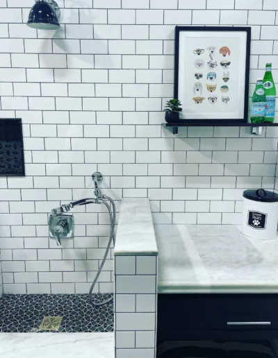 A bathroom with black and white tile and a shower.